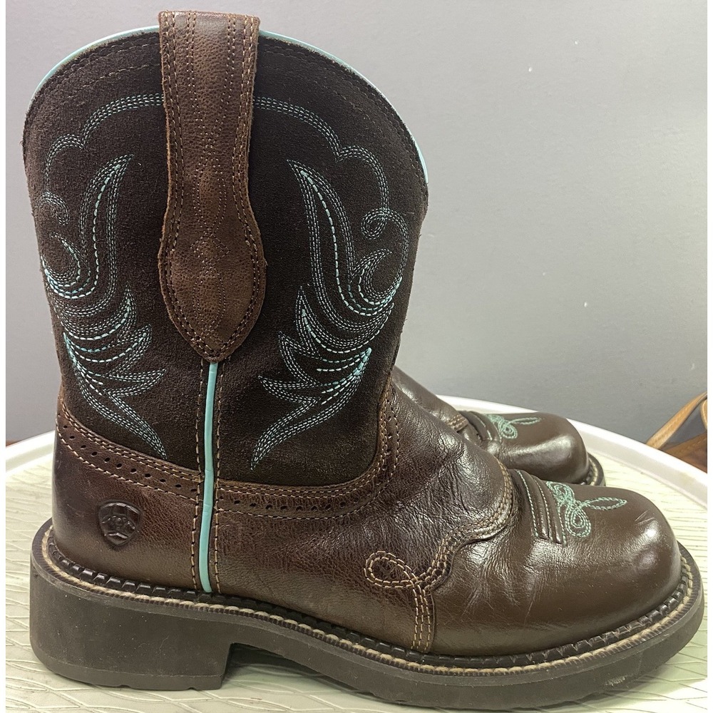 Ariat Women Leather Fatbaby Heritage Cowboy Boot Brown& Teal Cowgirl Westrn 7.5B - Picture 4 of 12
